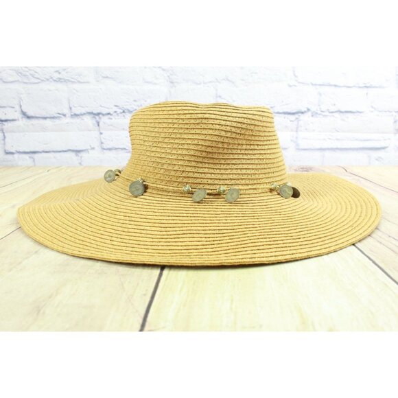 Broner Tan Straw Floppy Sun Hat with Coin Detail - Picture 3 of 7